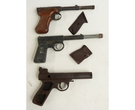 Three air pistols comprising Webley Mark I, Original Model 2 and T J Harrington &amp; Son The Gat pistol, together with spare