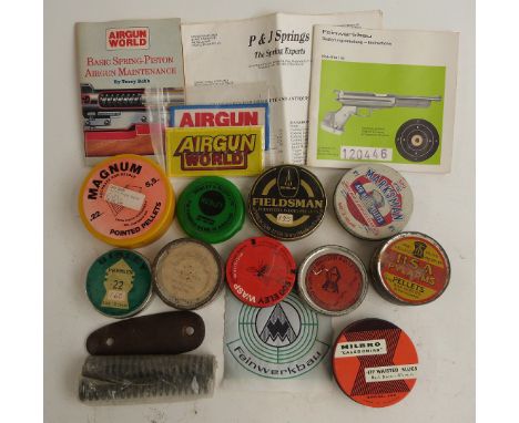 Ten air rifle/pistol pellet tins including BSA, Webley, Milbro and Marksman together with two Airgun World cloth patches, a F