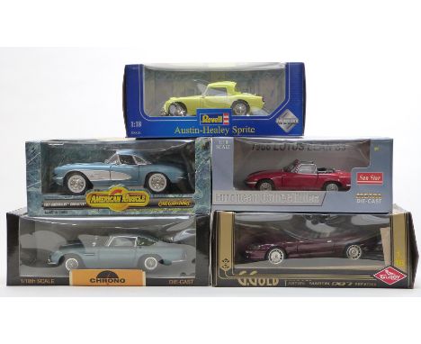 Five 1:18 scale diecast model vehicles comprising Revell Austin-Healey Sprite, Sun Star 1966 Lotus Elan S3, Chrono Aston Mart