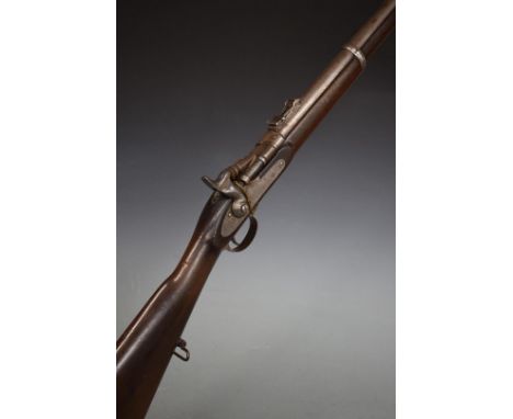Enfield pattern two band percussion hammer Snider action rifle with lock stamped 1855 Tower and with crown over VR cypher, st