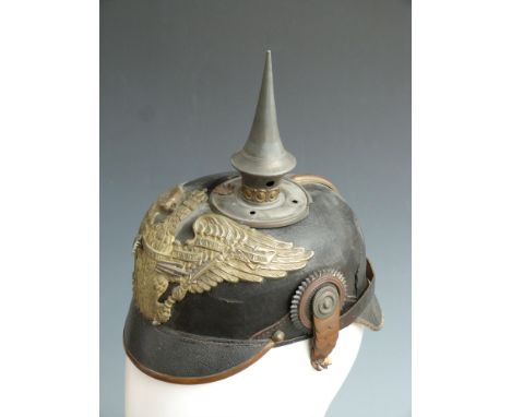 German pickelhaube helmet with "Mit Gott Fur Koenig Und Vaterland" to helmet plate, part liner and sweat band