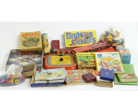 A collection of vintage toys and games including Mettoy Spinner Winner Horse Race, Victory ABC Play Tray, Fuzzy-Felt Play-Far