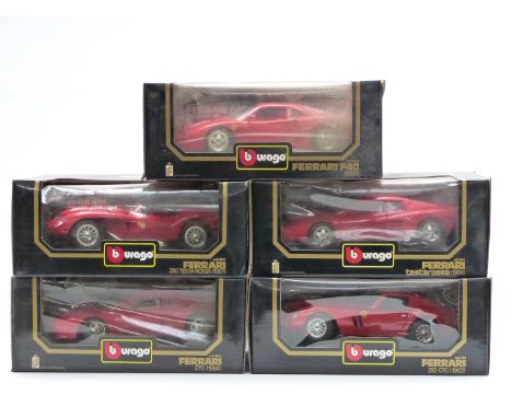 Five Burago 1:18 scale diecast model Ferrari sports cars F40 3032, 250 GTO 3011, Testarossa 3019, 250 Testa Rossa 3007 and GT