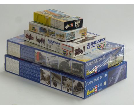 Five Revell plastic model kits including 1:48 scale Focke Wulf Ta-154, 1:32 scale Dornier Do 27, 1:35 scale Zundapp KS 750 et