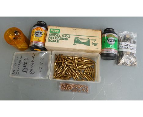 A collection of re-loading items including Lee.222 dies, .22 empty cases, .222 bullets, Pyrodex and RCBS Model 5.0.2 Reloadin