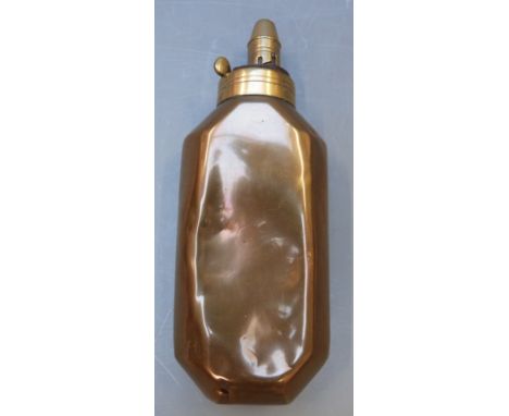 Sykes octagonal copper and brass powder flask with squared edges, 17cm long.&nbsp;