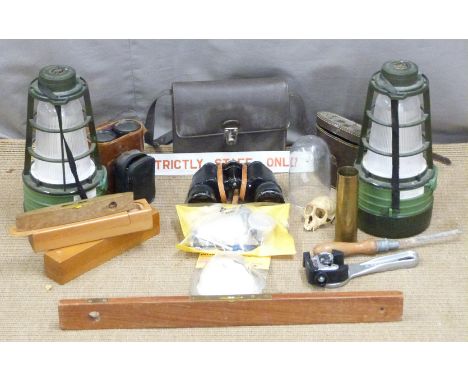 Rabone spirit level, binoculars, two camping lamps, tools, 'Staff Only' vintage sign etc