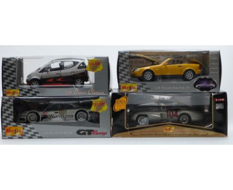 Four Maisto 1:18 scale diecast model cars comprising Mercedes-Benz SLK 230 31838, GT Racing Mercedes CLK-GTR 38848, Dream Cla