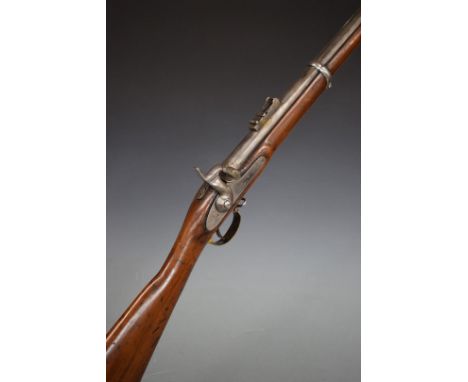 16 bore percussion hammer action gun with lock stamped with crown over 'VR' cypher and '1864 Tower', engraved hammer, brass t