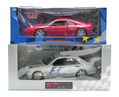 Two UT Models 1:18 scale diecast model cars Ferrari F355 Berlinetta 180 074020 and Mercedes-Benz F1 Safety Car, both in origi