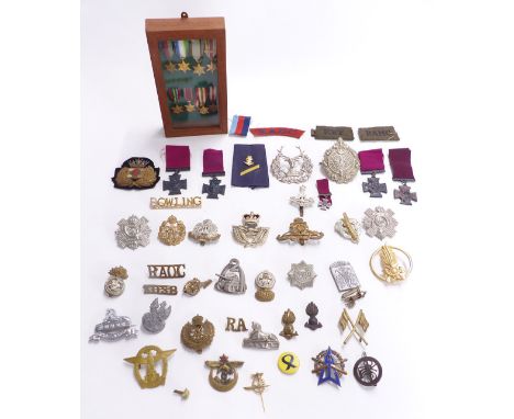 Collection of metal and cloth badges, mainly British Army including Highland Light Infantry, Northumberland Fusiliers, Royal 