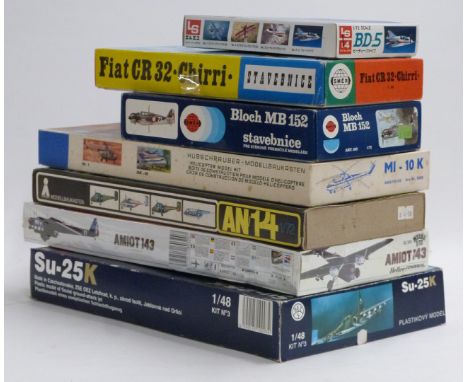 Seven 1:72 and 1:48 scale plastic model kits including Su-25K, Amiot 143, Fiat CR 32-Chirri, Bloch MB 152 etc, all in origina