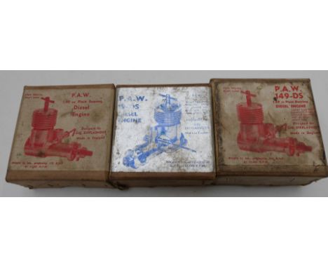 Three boxed PAW vintage diesel compression ignition model aircraft engines, one 3.2cc the other two 1.49cc, all in original b