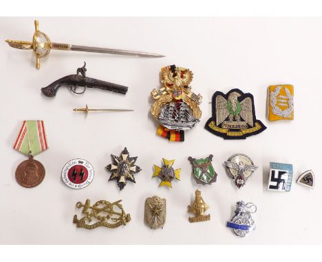 Replica Nazi German badges including enamel examples, novelty Toledo letter opener sword etc&nbsp;