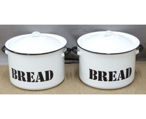 A pair of twin handled lidded enamel bread bins, diameter 32 x H26cm
