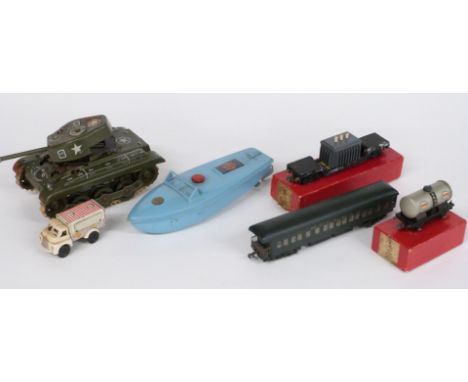 Three clockwork tinplate toys comprising GAMA tank, Sutcliffe boat and an ice cream van together with three Trix TTR 00 gauge