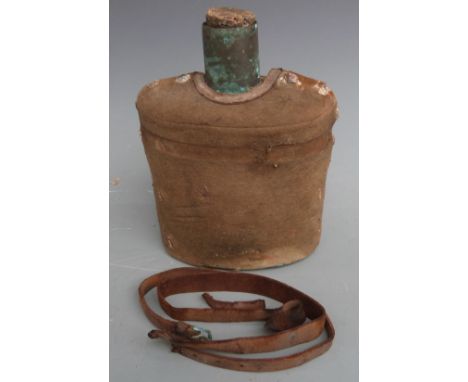 WW1 British Army Royal Medical Corps cloth-covered water bottle with cork stopper and leather strapping