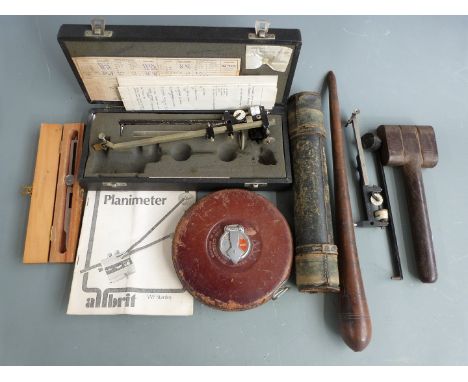 Boxed W.F.Stanley Allbrit planimeter and further planimeter, wooden sailing ship rigging tools, marlin spike, parcelling mall