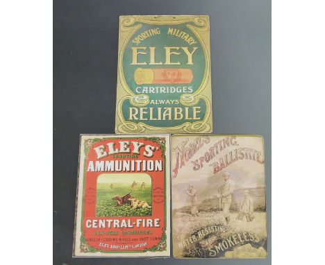 Three shotgun and rifle cartridge advertising display cards Nobel's Sporting Ballistite, Eley's Sporting Ammunition and Sport