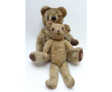 Two blonde mohair Teddy bears, one Merrythought, one Chad Valley, largest 49cm tall. Extra images attached