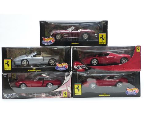 Five Mattel Hot Wheels 1:18 scale diecast model Ferrari sports cars comprising 250 GT, Enzo, F355 Spider, 365 GTB/4 and 250GT