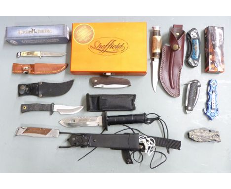 Six folding pen/utility knives together with three sheathed knives, one a military style survival example with 13cm blade, a 