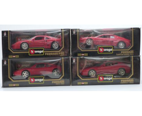 Four Burago 1:18 scale diecast model Ferrari sports cars comprising F40 1987 3032, 455GT 1992 3046, Testarossa 1984 3019 and 