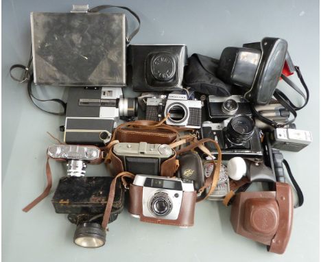 Collectable cameras to include Zenit B SLR with Helios 2/58 lens and Weston Master V light meter, Kodak Instamatic 233-X, San