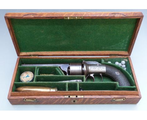 English 54 bore transitional style six-shot double action revolver with engraved frame, bar hammer and top plate, chequered g