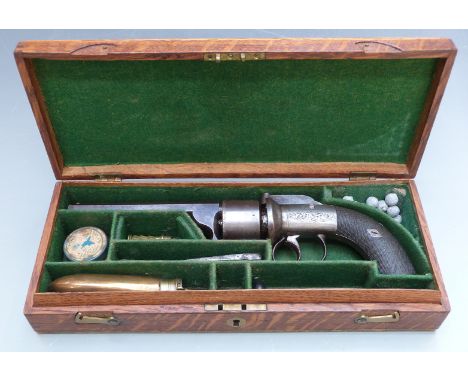 English 54 bore transitional style six-shot double action revolver with engraved frame, bar hammer and top plate, chequered g