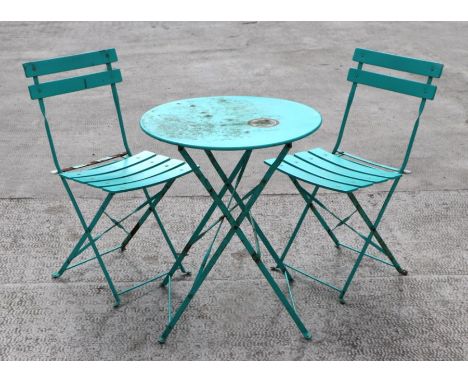 A Bistro or patio garden set comprising circular folding table, 59cms diameter; and two matching slatted folding chairs (3).