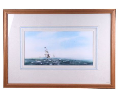 M Harvey (modern British) - Seascape with Man-O-War Battleships in the Distance - monogrammed lower left, watercolour, 50 by 