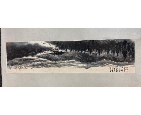 A Chinese ink and watercolour landscape on paper scroll attributed to Fu Baoshi. Purportedly part of the collection of  Xu Pi