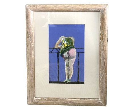 Modern British - Portrait of a Lady Leaning Against a Fence Revealing her Bottom - mixed media, 12 by 23cms, framed &amp; gla