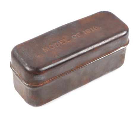 A WW1 US Army bacon ration tin, impressed MODEL OF 1916. Size 18cms (7.125ins) by 7cms (2.75ins) by 8cms (3.125ins) high
