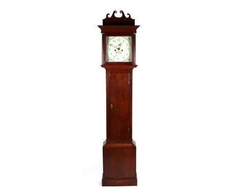 An oak cased  longcase clock, the 30cms painted square dial with Arabic numerals, date aperture and subsidiary seconds dial, 