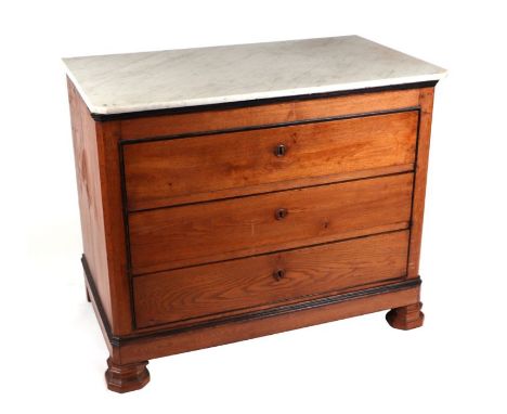 A French oak commode chest, the rectangular white marble top above three long drawers, 111cms wide.Condition ReportThe marble