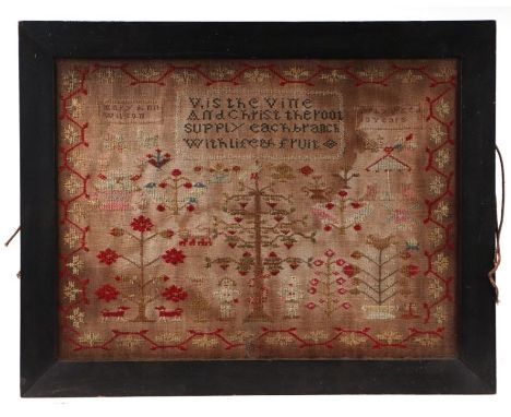 A 19th century sampler by Mary Ann Wilson aged 13 Years, with verse and Adam &amp; Eve within a garden, 43 by 32cms, framed &