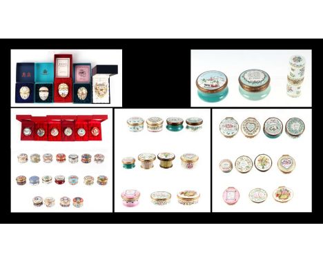A large collection of Halcyon Days enamel boxes to include Christmas boxes, egg shaped boxes and anniversary boxes, mostly bo