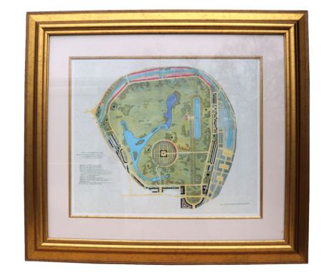 A pair of decorator's coloured prints depicting the design for the Royal Botanic Society Garden and the design for Regents Pa