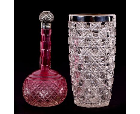 A late Victorian silver topped pink cut glass scent bottle with indistinct Birmingham hallmarks, 19cms high; together with a 