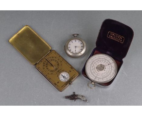 An Ansonia Sunwatch pocket sundial, a Halden Calulex slide rule, a silver cased open faced pocket watch together with a minia