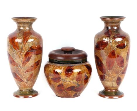 A pair of Royal Doulton stoneware leaf pattern vases of baluster form, 30cms high; together with a planter and associated cov