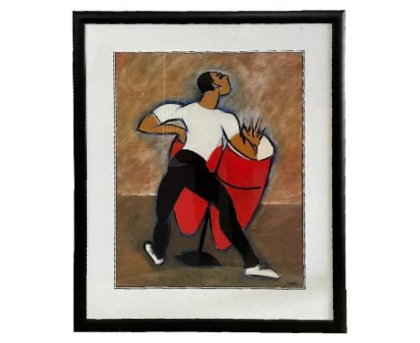 After M Hamel - A Man Playing the Bongo's - coloured print, 50 by 63cms, framed &amp; glazed.