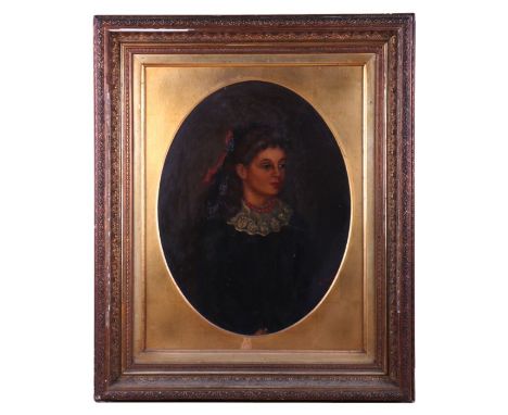 F Heath (Victorian school) - Portrait of a Young Girl with a Red Ribbon in her hair - oval, signed &amp; dated lower right, o