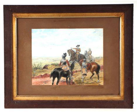 R W B Langhorne - English Civil War Soldiers on a Country Lane - signed lower left, watercolour, framed &amp; glazed, 29 by 2