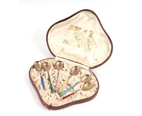 A set of six silver gilt and guilloche enamel caviar spoons by Marius Hammer, Bergen (1847-1927), cased.