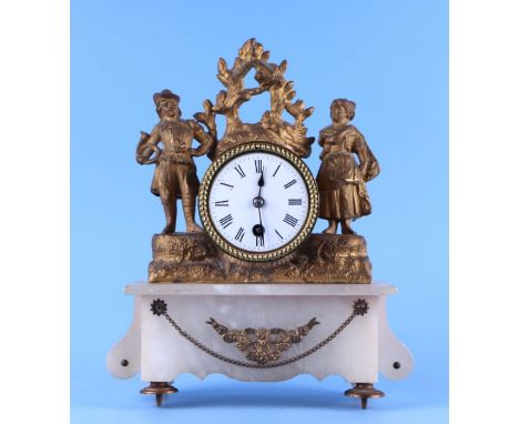 A late 19th / early 20th century continental gilt spelter figural mantle clock, the white enamel dial with Roman numerals and