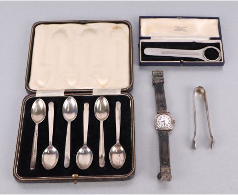 A JW Benson silver cushion shaped gentleman's wristwatch, the white enamel dial with illuminous Arabic numerals and subsidiar