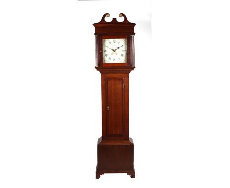 An oak and crossbanded mahogany cased longcase clock, the 30cms painted square dial with Roman and Arabic numerals and date a